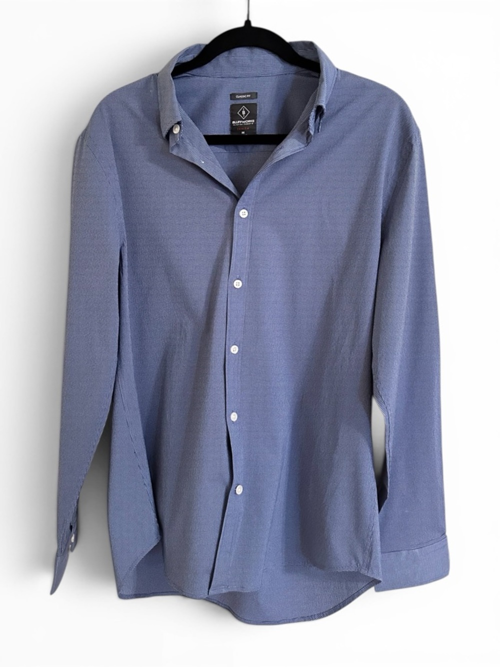 Bluffworks Zenith Classic Travel Fit Blue Micro Check Long Sleeve Shirt Men's M